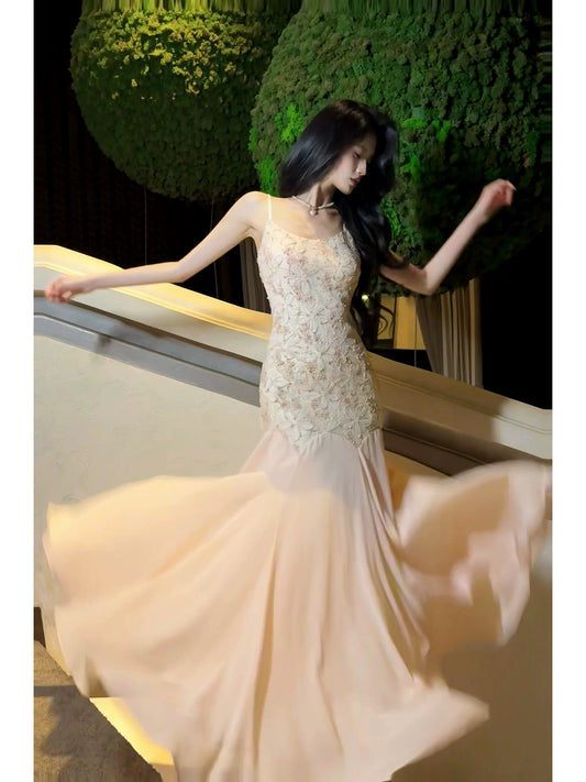 Artistic Mermaid Spaghetti Strap Lace Outdoor Semi Formal Summer Midi Garden Beach Event Outfits Wedding Guest Dresses RB4994