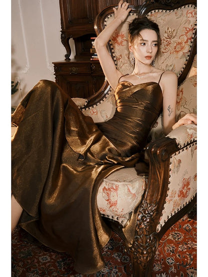 Sexy Mermaid Spaghetti Strap Brown Sleeveless Outdoor Semi Formal Summer Garden Beach Event Outfits Wedding Guest Dresses RB4994