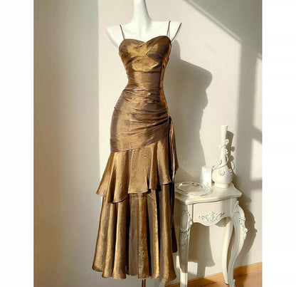 Sexy Mermaid Spaghetti Strap Brown Sleeveless Outdoor Semi Formal Summer Garden Beach Event Outfits Wedding Guest Dresses RB4994