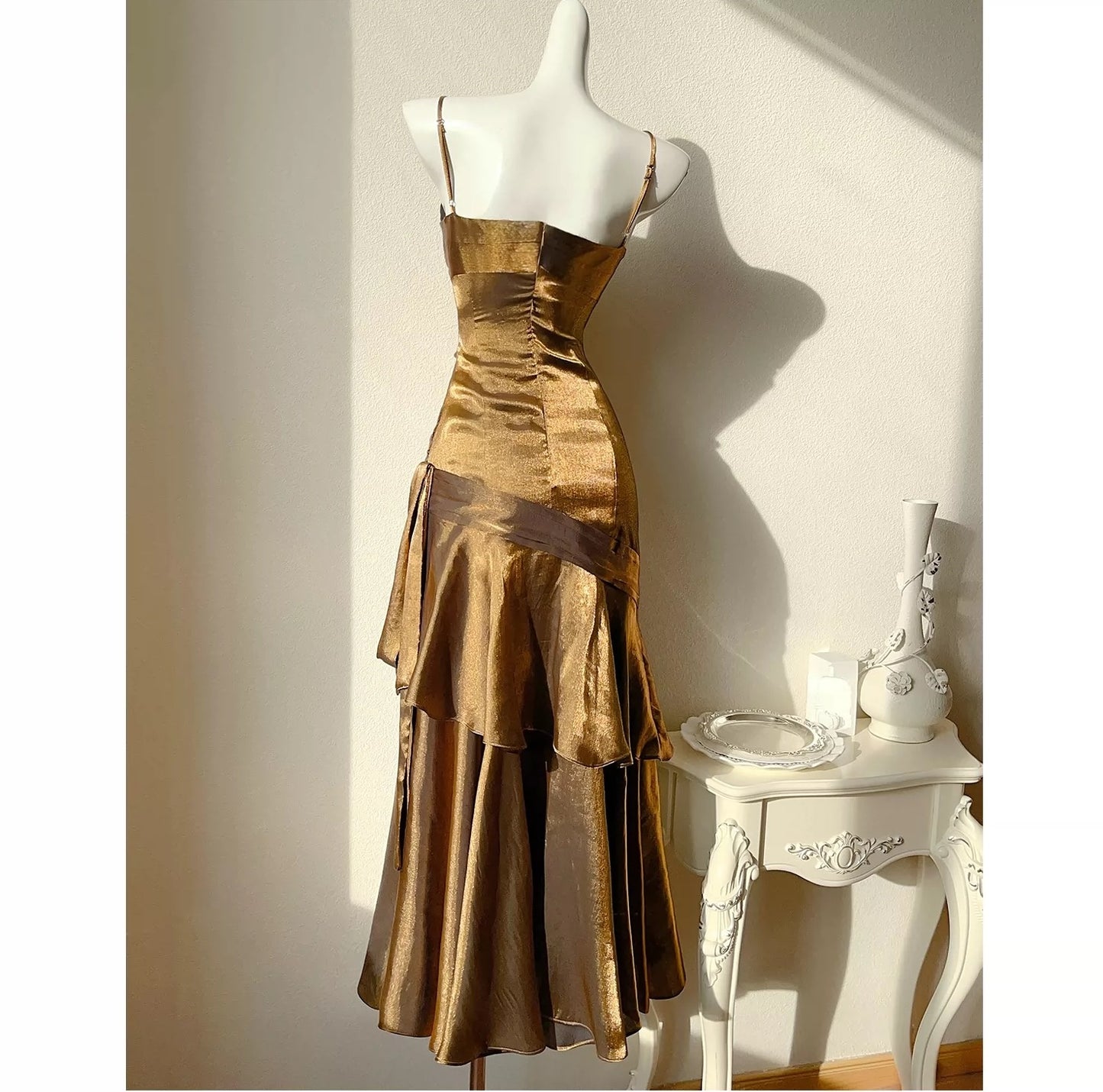 Sexy Mermaid Spaghetti Strap Brown Sleeveless Outdoor Semi Formal Summer Garden Beach Event Outfits Wedding Guest Dresses RB4994