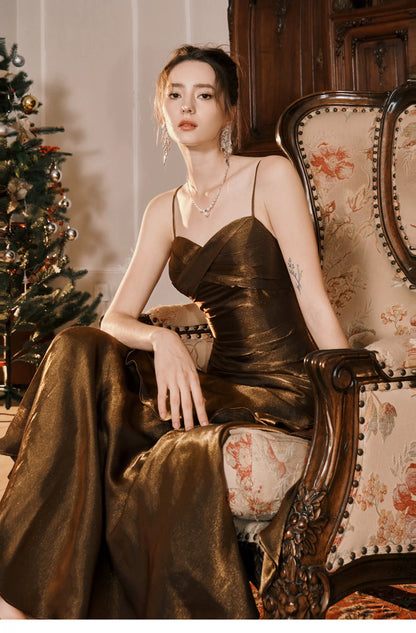 Simple Mermaid Spaghetti Strap Brown Sleeveless Outdoor Semi Formal Summer Garden Beach Event Outfits Wedding Guest Dresses RB4995