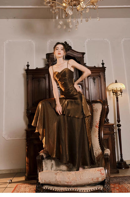 Simple Mermaid Spaghetti Strap Brown Sleeveless Outdoor Semi Formal Summer Garden Beach Event Outfits Wedding Guest Dresses RB4995