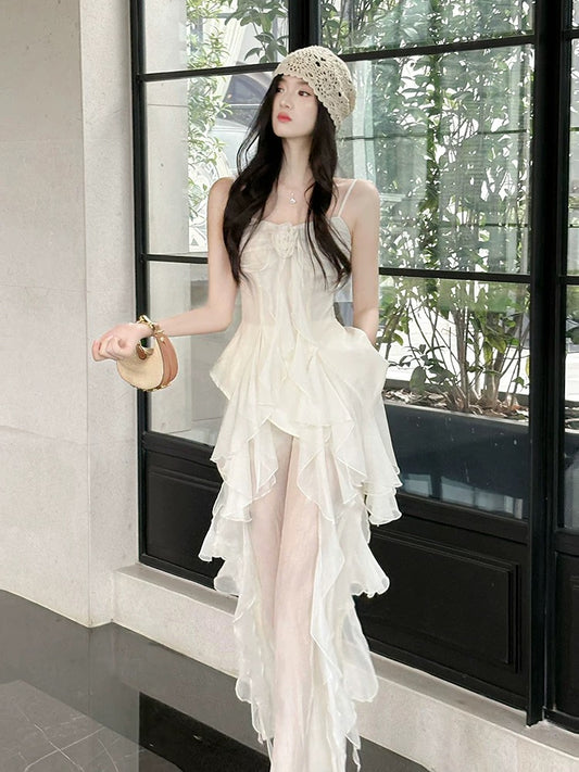 Elegant A line Spaghetti Strap White Chiffon Waist-cinching Full-hem Maxi Dress Semi Formal Garden Beach Event Outfits Wedding Guest Dresses RB4996
