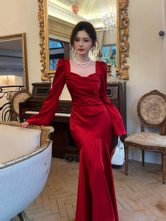 Artistic Mermaid Square Neck Red With Long Sleeves Outdoor Semi Formal Summer Midi Garden Beach Event Outfits Wedding Guest Dresses RB4997