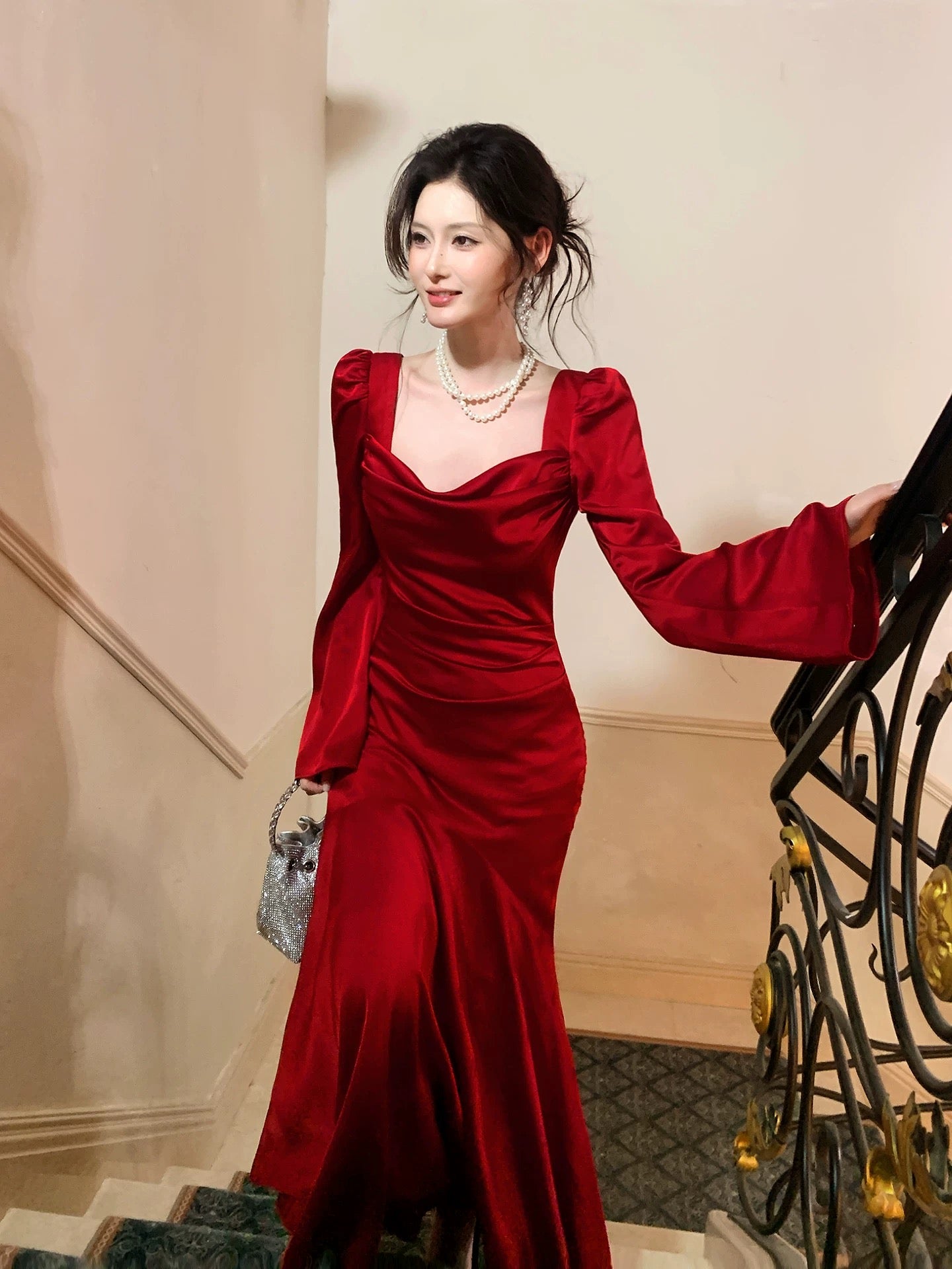 Artistic Mermaid Square Neck Red With Long Sleeves Outdoor Semi Formal Summer Midi Garden Beach Event Outfits Wedding Guest Dresses RB4997