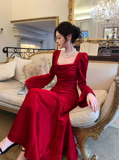 Artistic Mermaid Square Neck Red With Long Sleeves Outdoor Semi Formal Summer Midi Garden Beach Event Outfits Wedding Guest Dresses RB4997
