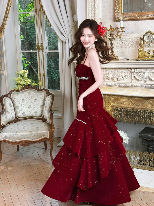 Timeless Mermaid Spaghetti Strap Burgundy Velvet Sleeveless Outdoor Semi Formal Summer Garden Beach Event Outfits Wedding Guest Dresses RB4998