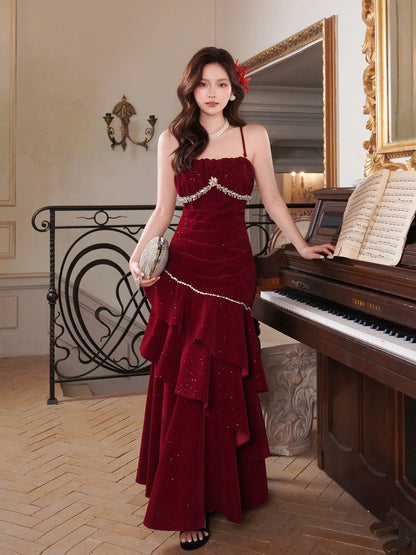 Timeless Mermaid Spaghetti Strap Burgundy Velvet Sleeveless Outdoor Semi Formal Summer Garden Beach Event Outfits Wedding Guest Dresses RB4998