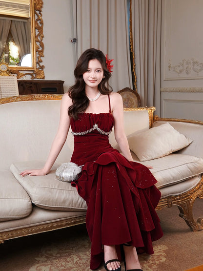 Timeless Mermaid Spaghetti Strap Burgundy Velvet Sleeveless Outdoor Semi Formal Summer Garden Beach Event Outfits Wedding Guest Dresses RB4998