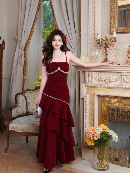 Timeless Mermaid Spaghetti Strap Burgundy Velvet Sleeveless Outdoor Semi Formal Summer Garden Beach Event Outfits Wedding Guest Dresses RB4998