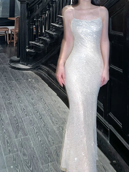 Elegant Mermaid Spaghetti Strap Sequin Full-hem Maxi Dress Semi Formal Garden Beach Event Outfits Wedding Guest Dresses RB4999