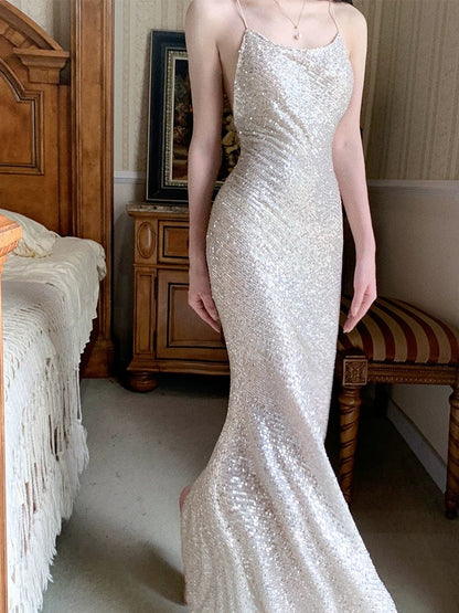 Elegant Mermaid Spaghetti Strap Sequin Full-hem Maxi Dress Semi Formal Garden Beach Event Outfits Wedding Guest Dresses RB4999