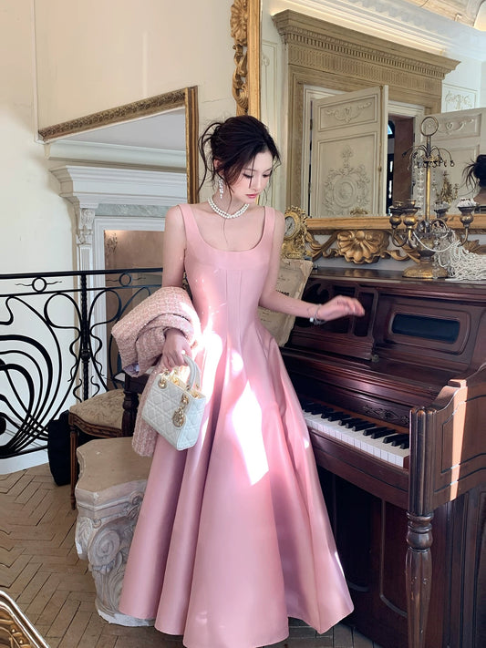 Artistic A Line Square Neck Pink Satin Midi Length Outdoor Semi Formal Summer Garden Beach Event Outfits Wedding Guest Dresses RB5000