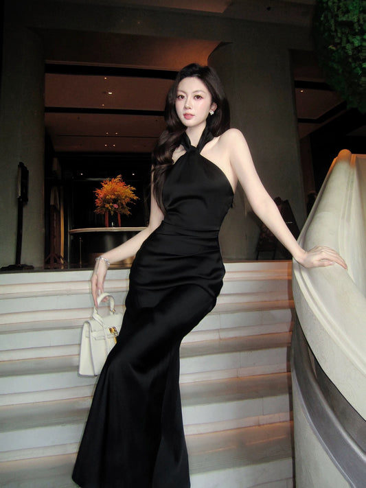 Artistic Mermaid Sweetheart Black Tie Dress Satin Outdoor Semi Formal Summer Garden Beach Event Outfits Wedding Guest Dresses RB5003
