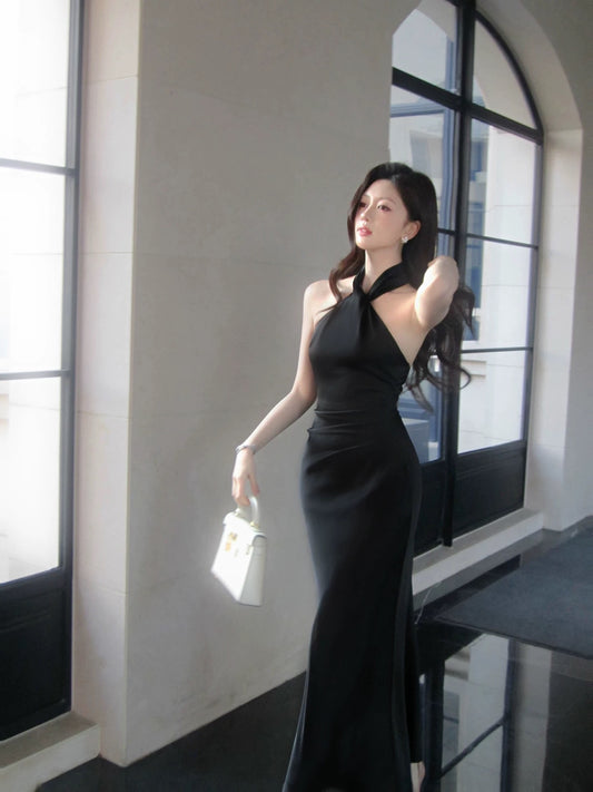 Artistic Mermaid Sweetheart Black Tie Dress Satin Outdoor Semi Formal Summer Garden Beach Event Outfits Wedding Guest Dresses RB5003