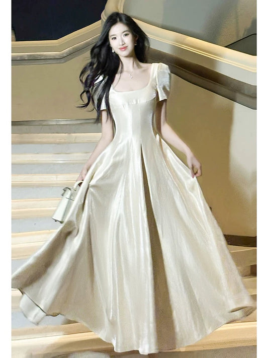Artistic A Line Square Neck With Short Sleeves Satin Outdoor Semi Formal Summer Garden Beach Event Outfits Wedding Guest Dresses RB5004