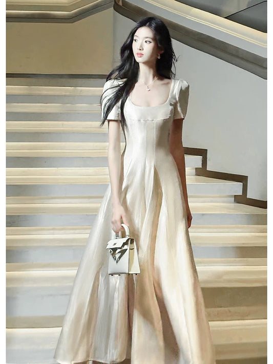 Artistic A Line Square Neck With Short Sleeves Satin Outdoor Semi Formal Summer Garden Beach Event Outfits Wedding Guest Dresses RB5004