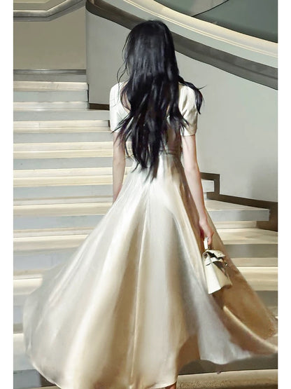 Artistic A Line Square Neck With Short Sleeves Satin Outdoor Semi Formal Summer Garden Beach Event Outfits Wedding Guest Dresses RB5004