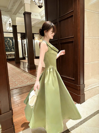 Elegant A line Square Neck Green Satin Full-hem Maxi Dress Semi Formal Garden Event Outfits Wedding Guest Dresses RB5008