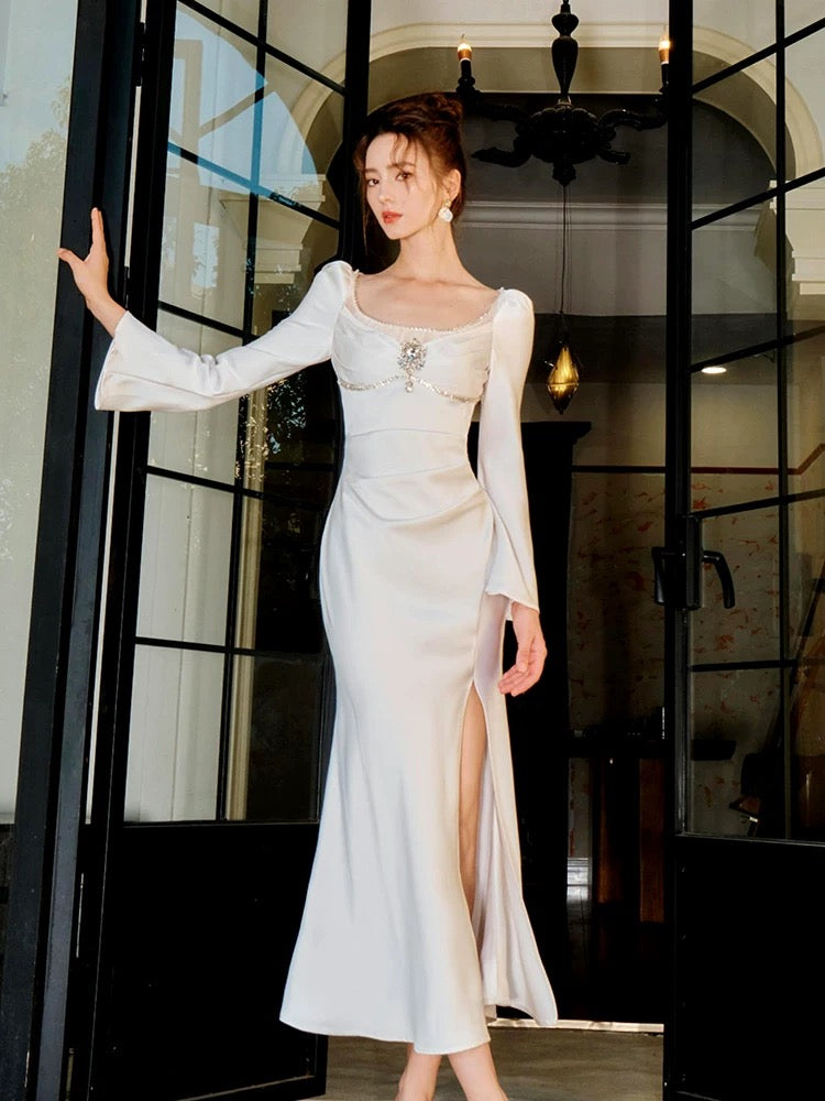 Artistic Mermaid Square Neck With Long Sleeves Satin White Slit Outdoor Semi Formal Summer Garden Beach Event Outfits Wedding Guest Dresses RB5007