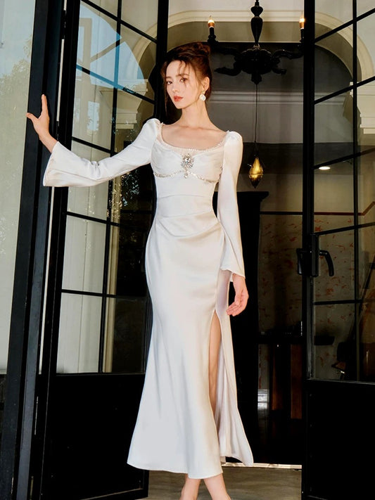 Artistic Mermaid Square Neck With Long Sleeves Satin White Slit Outdoor Semi Formal Summer Garden Beach Event Outfits Wedding Guest Dresses RB5007