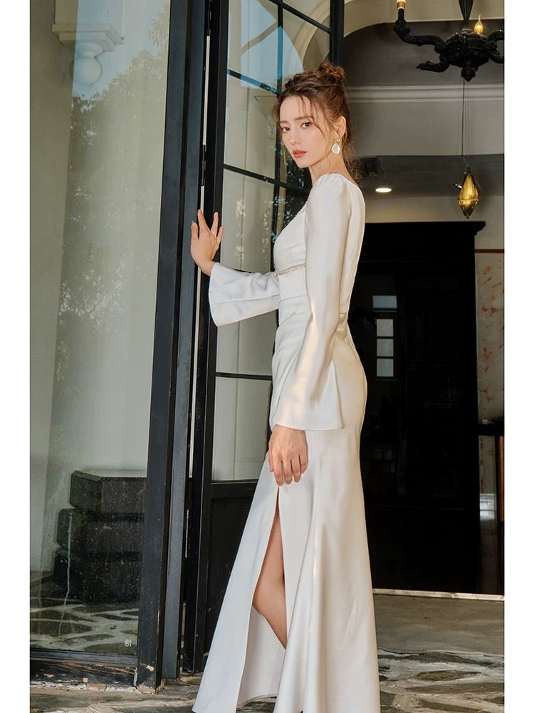 Artistic Mermaid Square Neck With Long Sleeves Satin White Slit Outdoor Semi Formal Summer Garden Beach Event Outfits Wedding Guest Dresses RB5007