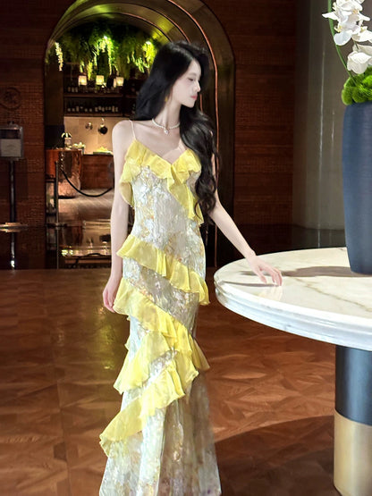 Timeless Mermaid Spaghetti Strap Yellow Lace With Ruffled Chiffon Outdoor Semi Formal Summer Garden Beach Event Outfits Wedding Guest Dresses RB5010