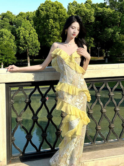 Timeless Mermaid Spaghetti Strap Yellow Lace With Ruffled Chiffon Outdoor Semi Formal Summer Garden Beach Event Outfits Wedding Guest Dresses RB5010