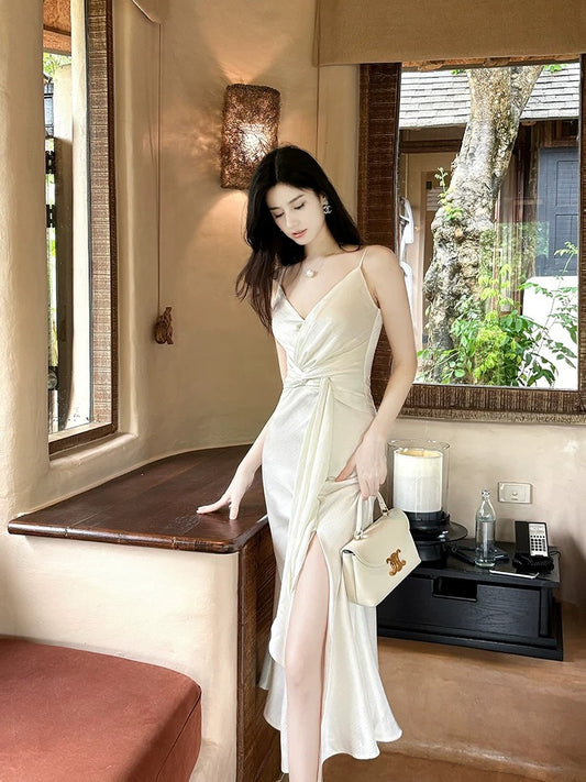 Elegant Mermaid Spaghetti Strap White Satin Full-hem Maxi Dress Semi Formal Garden Event Outfits Wedding Guest Dresses RB5011