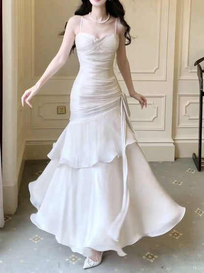 Timeless Mermaid Spaghetti Strap White With Ruffled Chiffon Outdoor Semi Formal Garden Beach Event Outfits Wedding Guest Dresses RB5014
