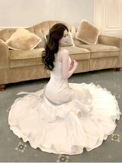 Timeless Mermaid Spaghetti Strap White With Ruffled Chiffon Outdoor Semi Formal Garden Beach Event Outfits Wedding Guest Dresses RB5014