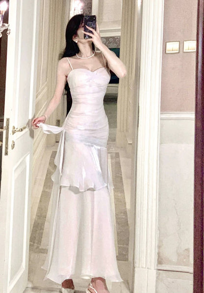 Timeless Mermaid Spaghetti Strap White With Ruffled Chiffon Outdoor Semi Formal Garden Beach Event Outfits Wedding Guest Dresses RB5014