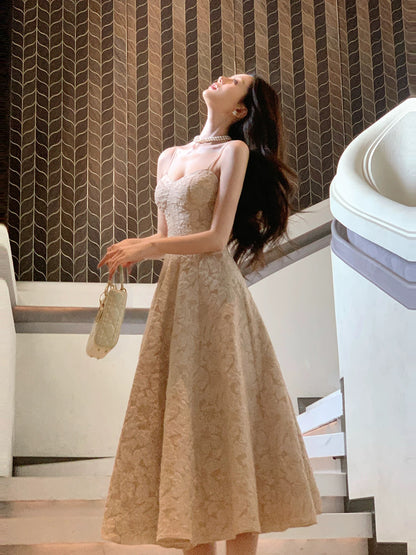Elegant A Line Spaghetti Strap Champagne Lace Satin Full-hem Maxi Dress Semi Formal Garden Event Outfits Wedding Guest Dresses RB5012