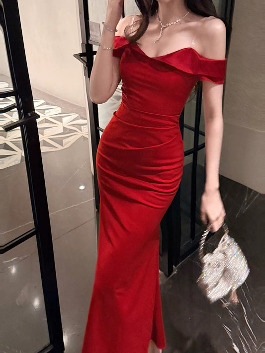 Artistic Mermaid Off The Shoulder Red With Cap Sleeves Satin Red Outdoor Semi Formal Summer Garden Beach Event Outfits Wedding Guest Dresses RB5013