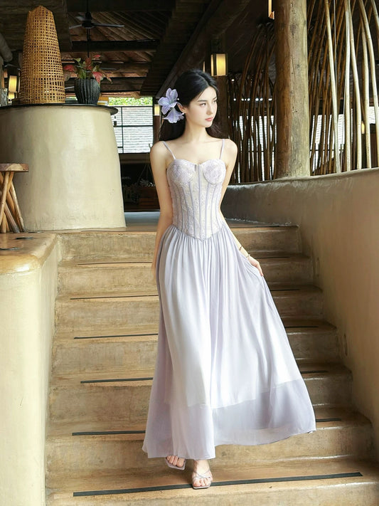 Elegant A line Spaghetti Strap Lilac Chiffon Sleeveless Date Night Outfit Outdoor Semi Formal Long Wedding Guest Dresses RB5032