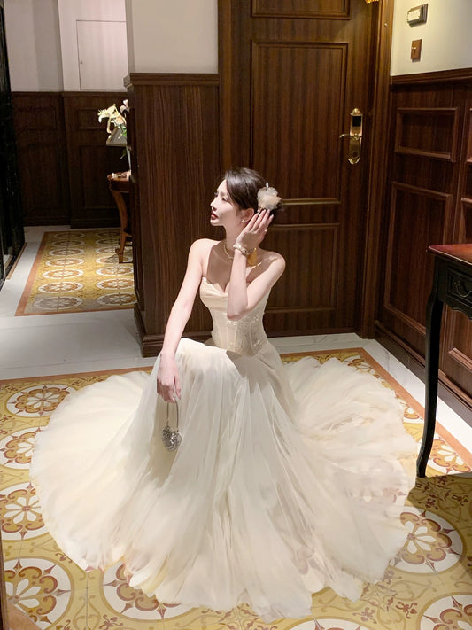 Elegant A line Sweetheart Tulle Lace Sleeveless Date Night Outfit Outdoor Semi Formal Long Wedding Guest Dresses RB5033