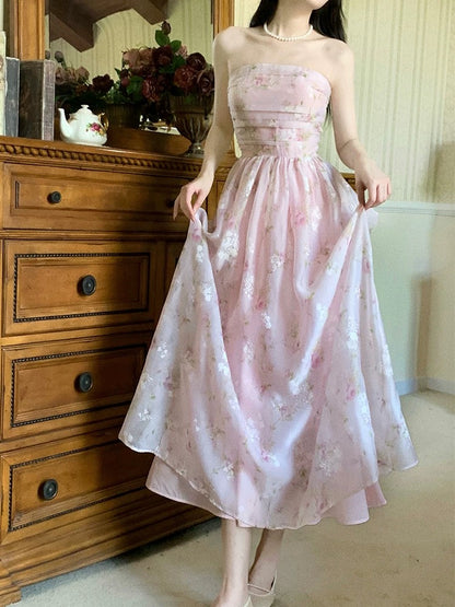 Cute A line Strapless Pink Chiffon Sleeveless Date Night Outfit Outdoor Semi Formal Long Wedding Guest Dresses RB5034