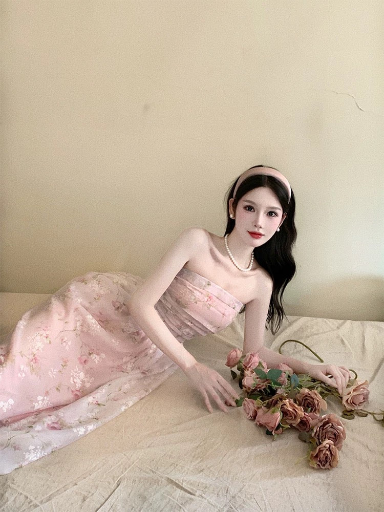 Cute A line Strapless Pink Chiffon Sleeveless Date Night Outfit Outdoor Semi Formal Long Wedding Guest Dresses RB5034