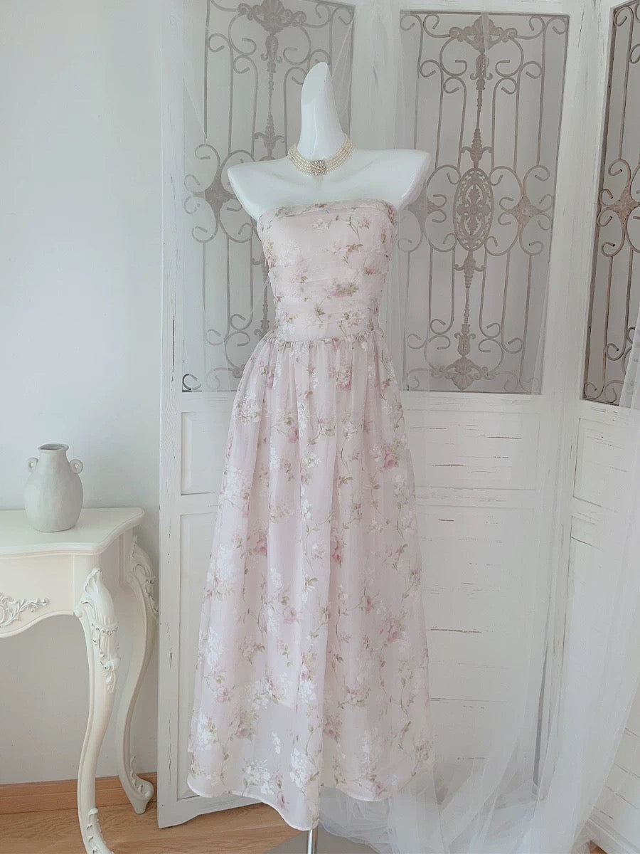 Cute A line Strapless Pink Chiffon Sleeveless Date Night Outfit Outdoor Semi Formal Long Wedding Guest Dresses RB5034
