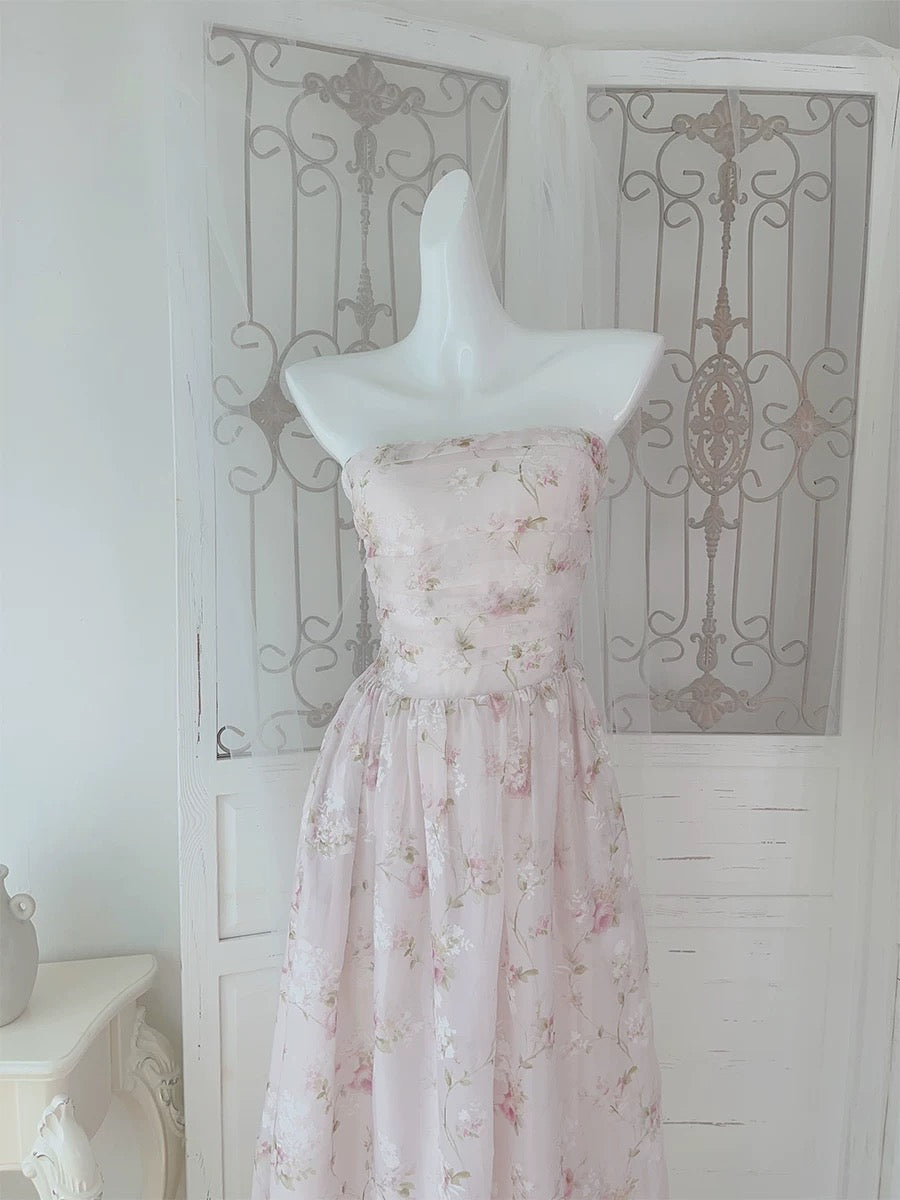 Cute A line Strapless Pink Chiffon Sleeveless Date Night Outfit Outdoor Semi Formal Long Wedding Guest Dresses RB5034