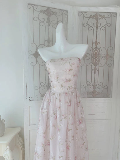 Cute A line Strapless Pink Chiffon Sleeveless Date Night Outfit Outdoor Semi Formal Long Wedding Guest Dresses RB5034