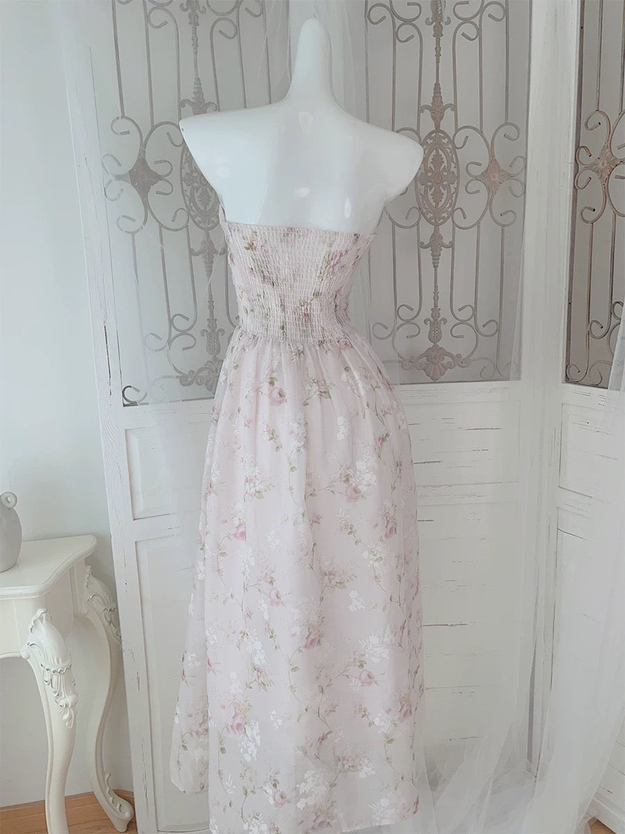 Cute A line Strapless Pink Chiffon Sleeveless Date Night Outfit Outdoor Semi Formal Long Wedding Guest Dresses RB5034