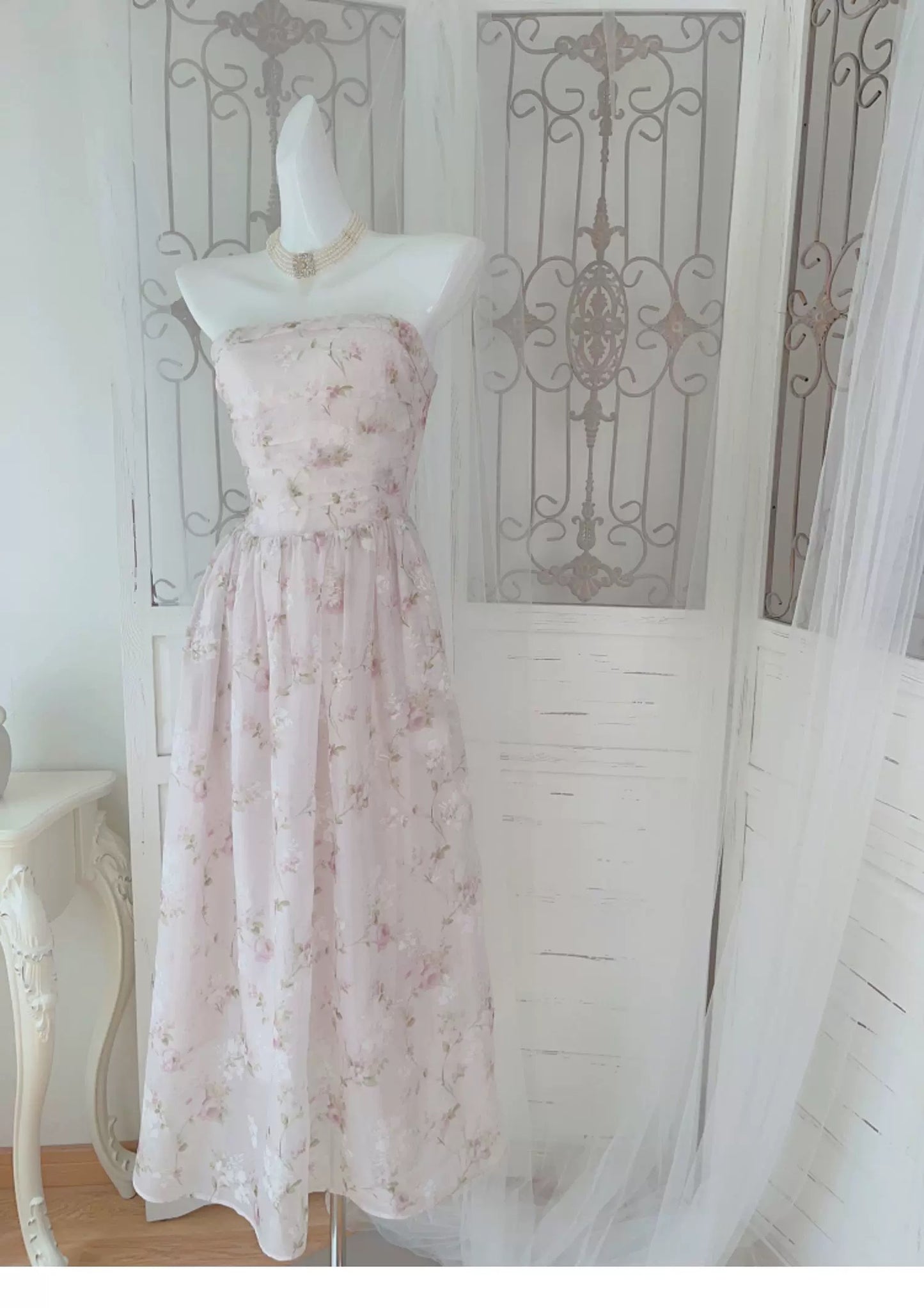 Cute A line Strapless Pink Chiffon Sleeveless Date Night Outfit Outdoor Semi Formal Long Wedding Guest Dresses RB5034