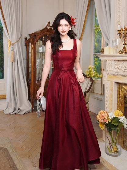 Elegant A line Square Neck Burgundy With Bow Full-hem Maxi Semi Formal Garden Date Night Outfit Wedding Guest Dresses RB5035