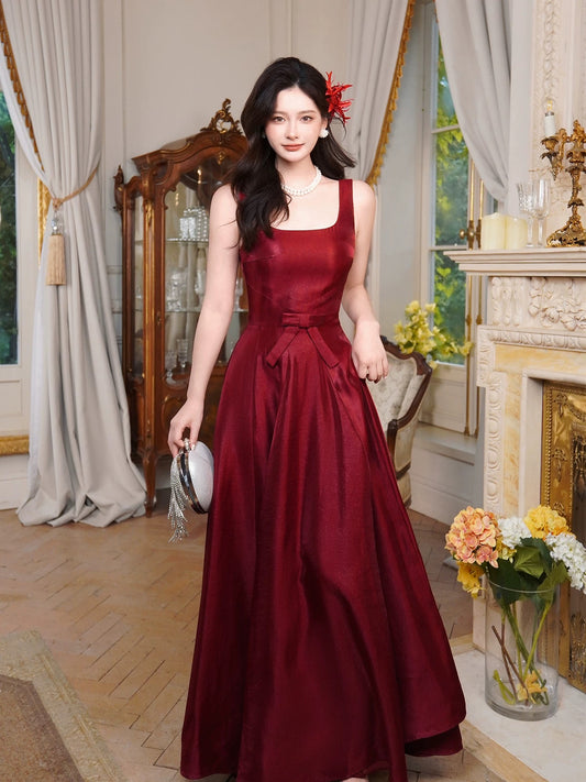 Elegant A line Square Neck Burgundy With Bow Full-hem Maxi Semi Formal Garden Date Night Outfit Wedding Guest Dresses RB5035