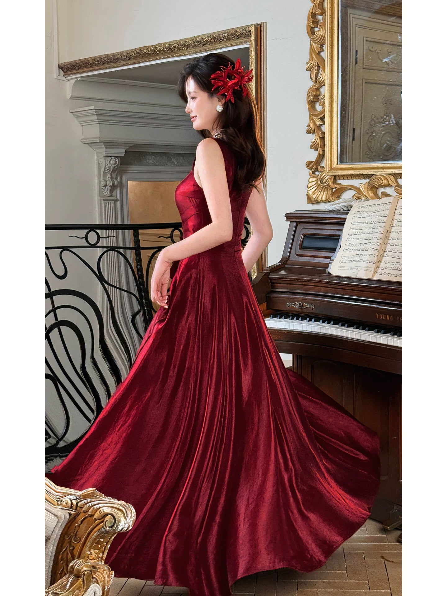 Elegant A line Square Neck Burgundy With Bow Full-hem Maxi Semi Formal Garden Date Night Outfit Wedding Guest Dresses RB5035