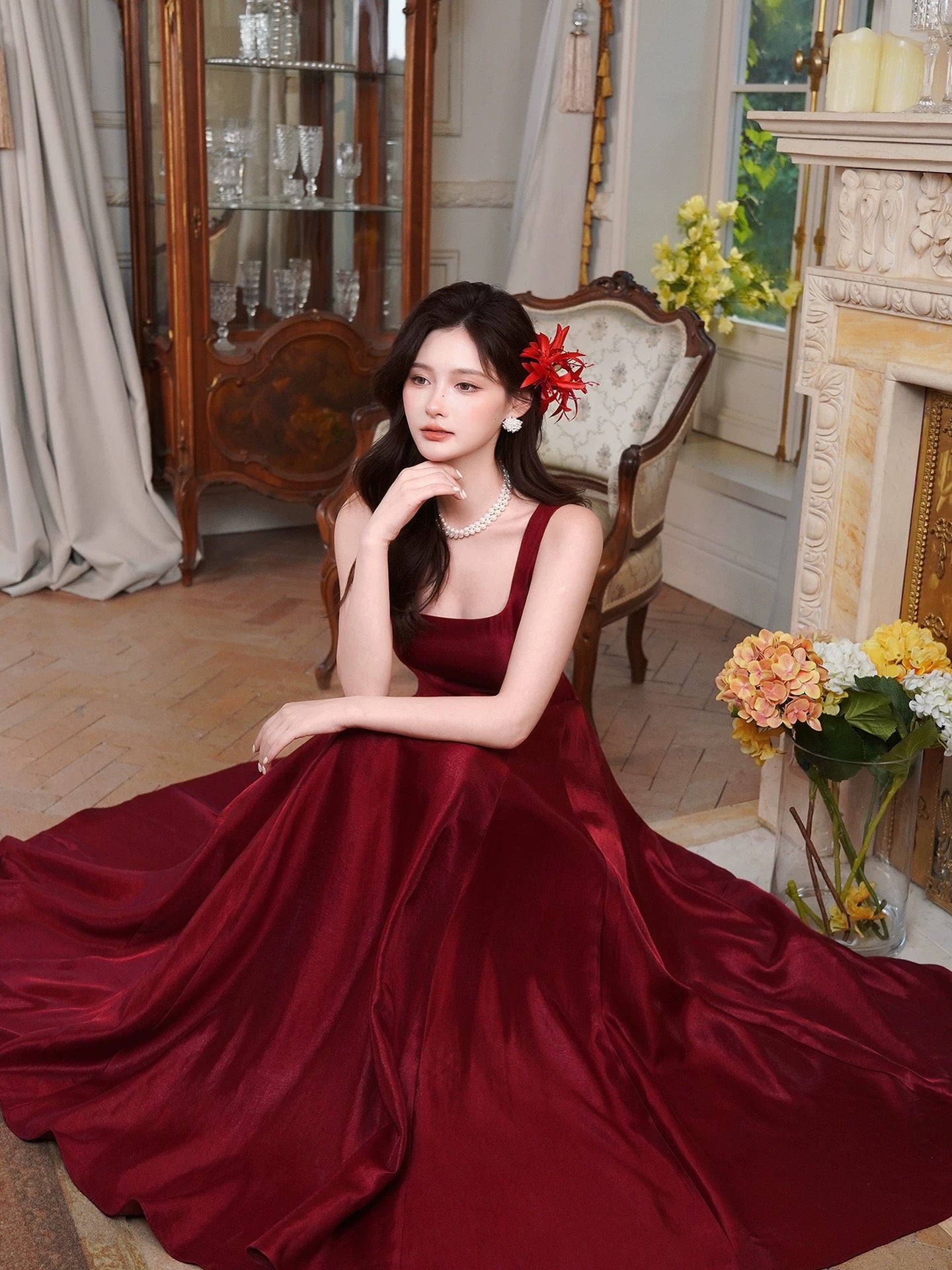 Elegant A line Square Neck Burgundy With Bow Full-hem Maxi Semi Formal Garden Date Night Outfit Wedding Guest Dresses RB5035