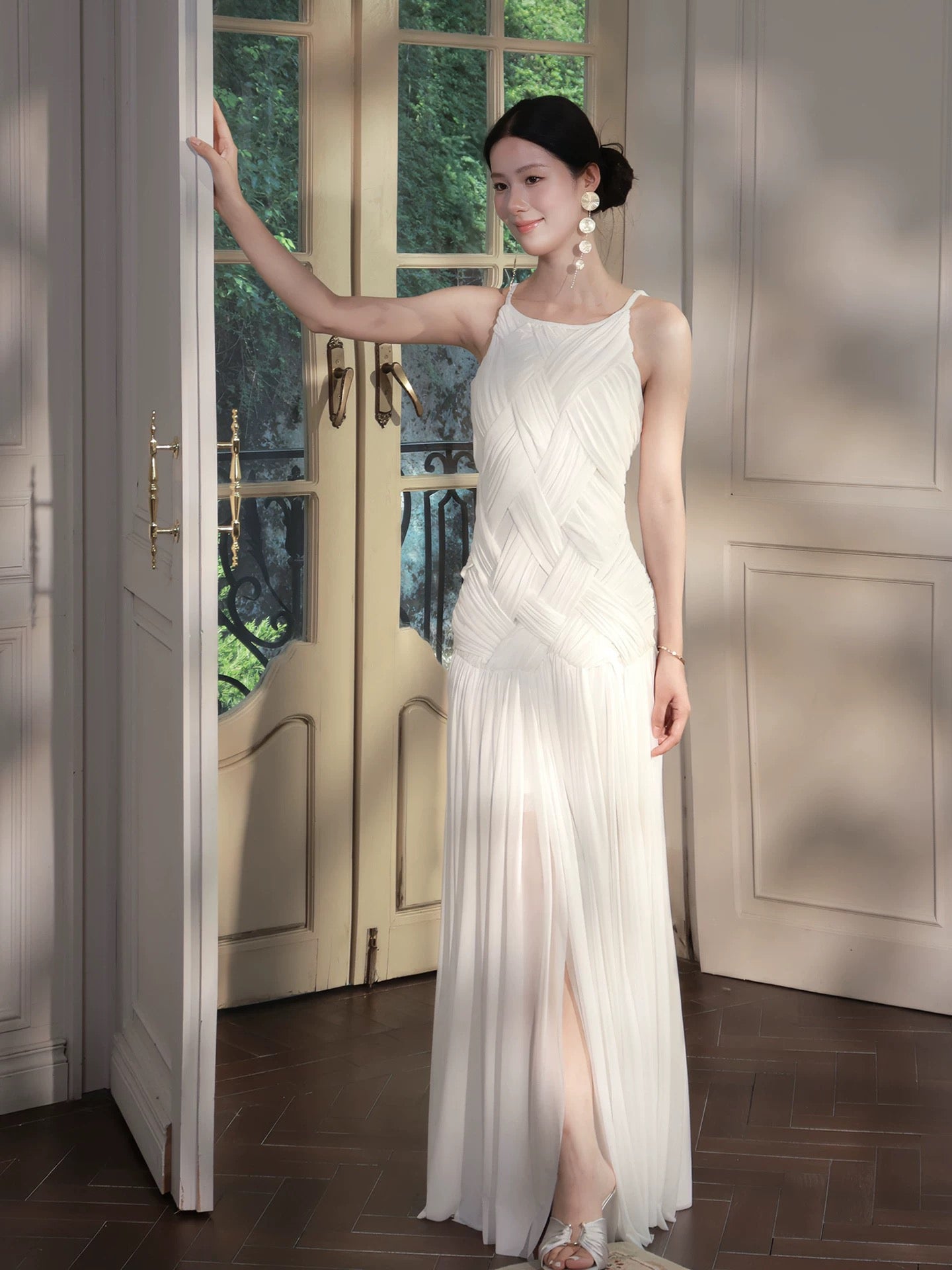 Sexy Sheath Scoop White Chiffon Sleeveless Date Night Outfit Outdoor Semi Formal Long Wedding Guest Dresses RB5036