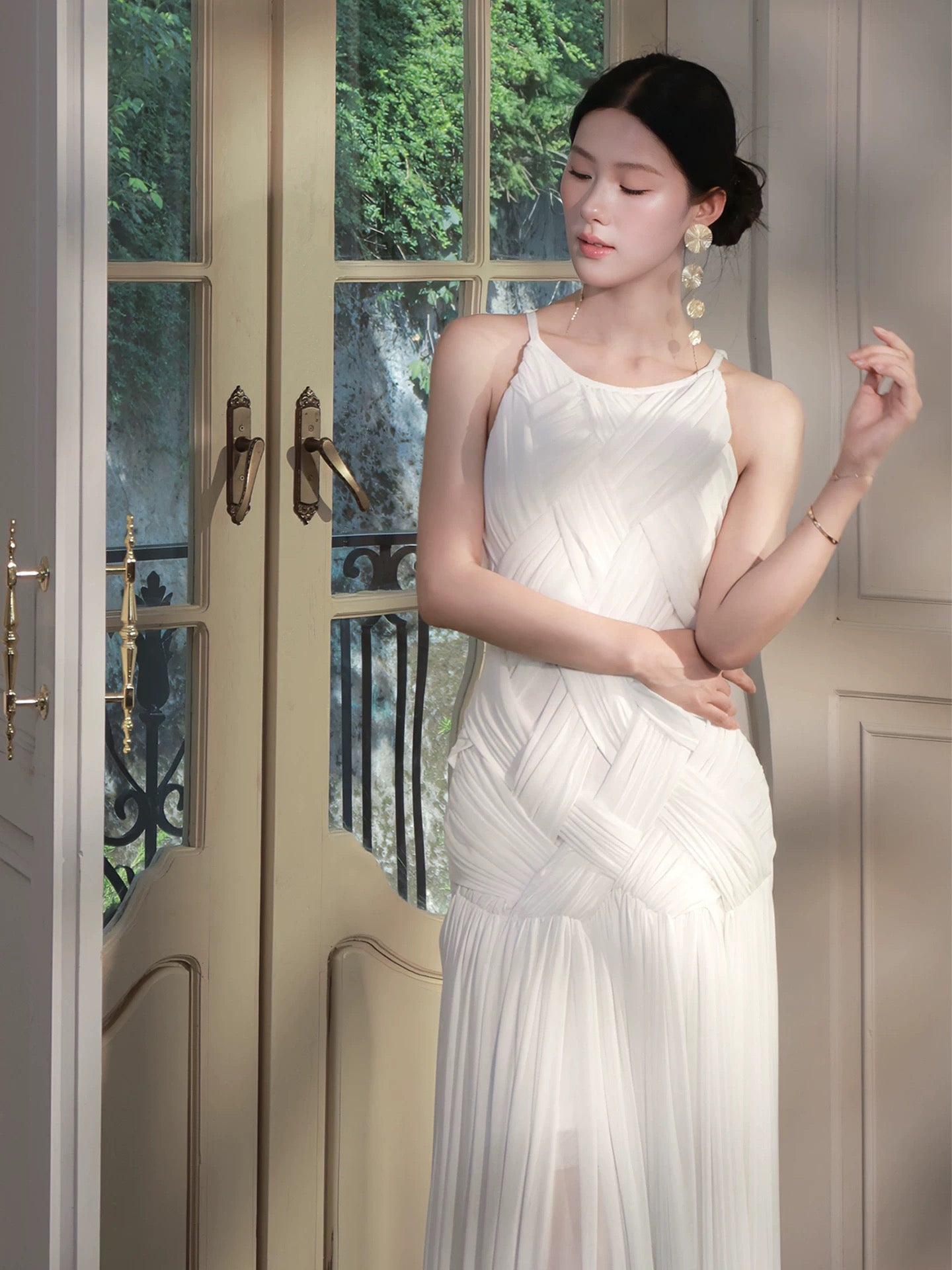 Sexy Sheath Scoop White Chiffon Sleeveless Date Night Outfit Outdoor Semi Formal Long Wedding Guest Dresses RB5036