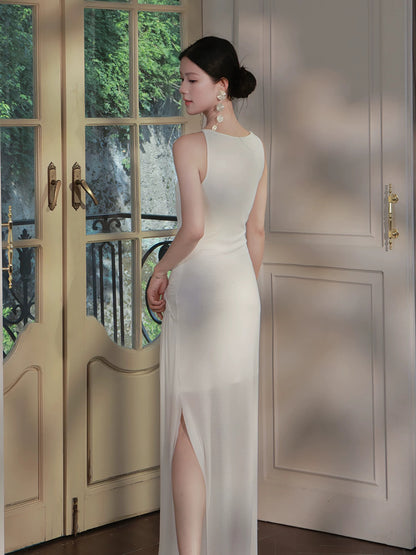 Sexy Sheath Scoop White Chiffon Sleeveless Date Night Outfit Outdoor Semi Formal Long Wedding Guest Dresses RB5036